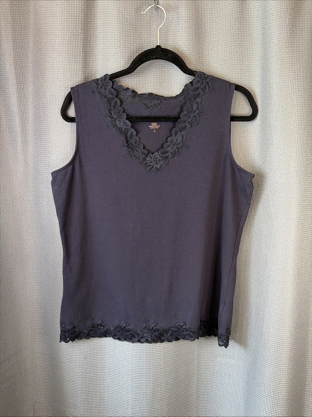 Coldwater Creek Lace Trim Tank Top Navy Cotton Spandex Women’s L 14